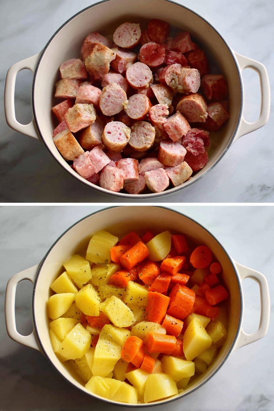 A bowl with a colorful striped pattern holds a stew made of several layers: the bottom layer is a clear, brown broth, filled with chunks of yellow potatoes scattered throughout. Mixed in are small round pieces of meatballs with a smooth texture, and bits of cooked bacon that add a crispy, reddish-brown layer on top and between the potatoes and meat. The bowl sits on a white marbled surface, with white bread slices and fresh green cilantro nearby. Photo taken with an iphone --ar 2:3 --v 7