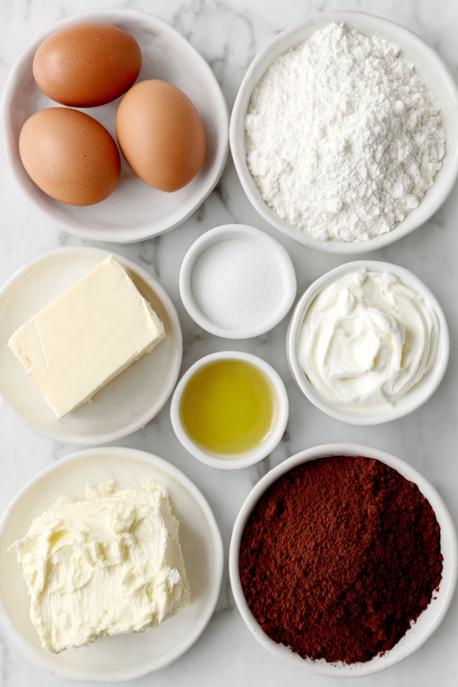 Flat lay of two whole uncracked brown eggs, a small mound of all-purpose flour on a simple white ceramic plate, a heap of unsweetened natural cocoa powder on another white ceramic plate, a pile of granulated sugar on a separate white ceramic dish, a small white bowl containing baking soda, a small white bowl with baking powder, a small white bowl with salt, a small white bowl filled with espresso powder, a small white bowl with golden vegetable oil, a dollop of full-fat sour cream on a white ceramic dish, a small white bowl holding buttermilk, a block of full-fat cream cheese on a white plate, a pat of unsalted butter on a white ceramic plate, a small white bowl with confectioners’ sugar, a small white bowl containing Dutch-process cocoa powder, and a small white bowl filled with reduced Guinness liquid, all carefully arranged in perfect symmetry and natural proportions, placed on a clean white marble surface, soft natural light, photo taken with an iPhone, professional food photography style, fresh ingredients, white ceramic bowls, no bottles, no duplicates, no utensils, no packaging --ar 2:3 --v 7 --p m7354615311229779997