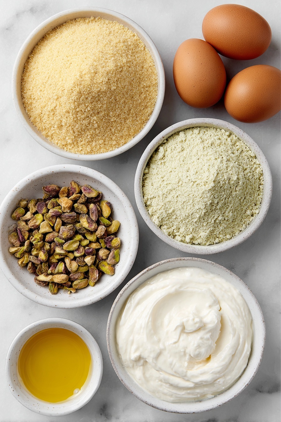 Flat lay of a small mound of yellow cake mix powder on a simple white ceramic plate, a neat pile of light green pistachio pudding mix powder next to it on another white ceramic plate, a small white ceramic bowl filled with golden canola oil, a small white ceramic bowl holding crushed pineapple with juice visible, three whole brown eggs with clean shells arranged in a line, a small white ceramic bowl of whole milk, a white ceramic bowl with smooth whipped topping, and a small pile of chopped fresh green pistachios—all evenly spaced and symmetrically placed on a clean white marble surface, soft natural light, photo taken with an iPhone, professional food photography style, fresh ingredients, white ceramic bowls, no bottles, no duplicates, no utensils, no packaging --ar 2:3 --v 7 --p m7354615311229779997
