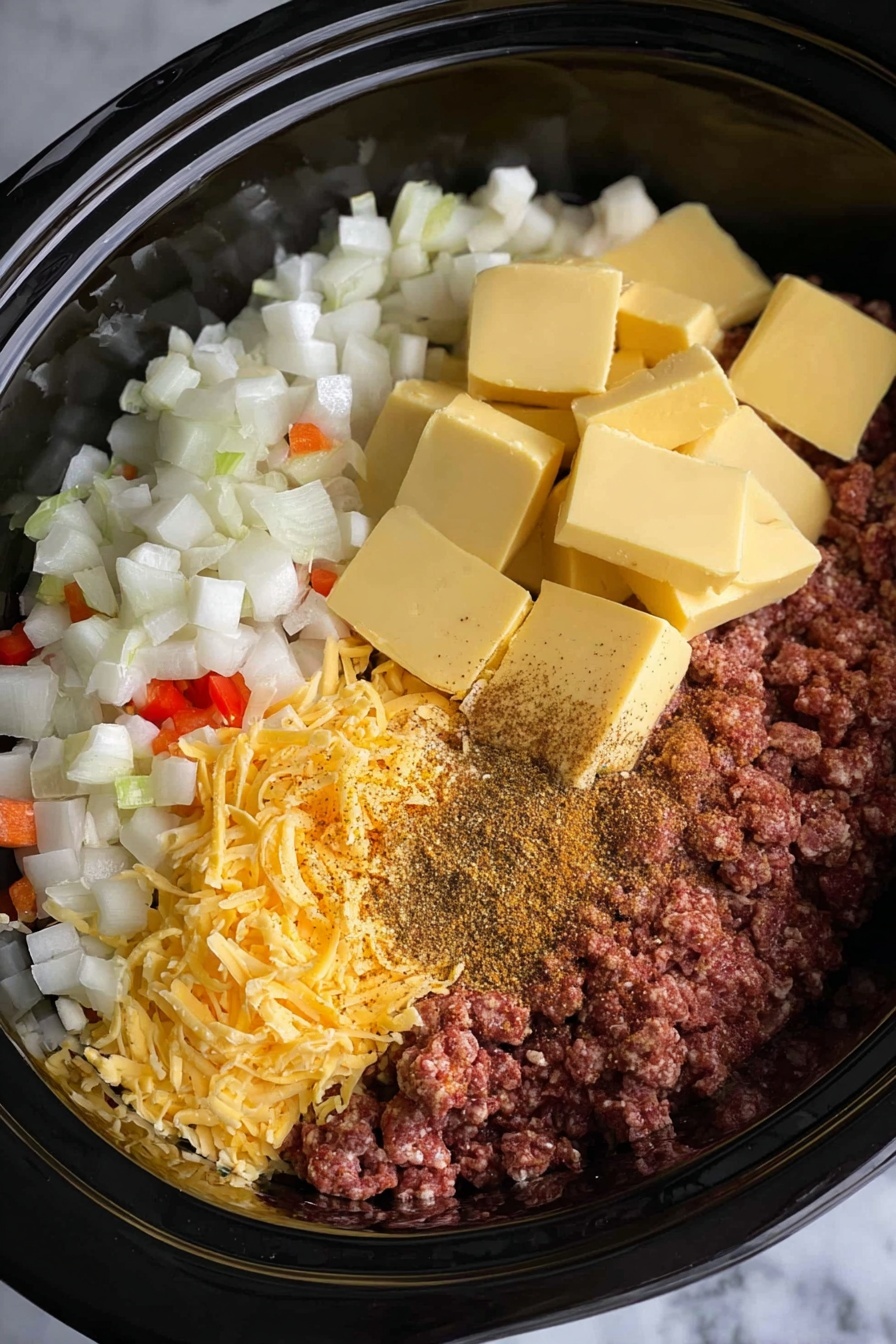 A white plate is filled with one layer of a creamy mixture of diced potatoes, browned ground meat, and small pieces of tomato, all covered in melted orange cheese and topped with chopped green onions for a fresh contrast. Behind it, there is a white bowl filled with thick white sour cream, and another white bowl filled with shredded orange cheddar cheese. A red and white checkered cloth lies beside the bowls on a white marbled surface. Photo taken with an iphone --ar 2:3 --v 7
