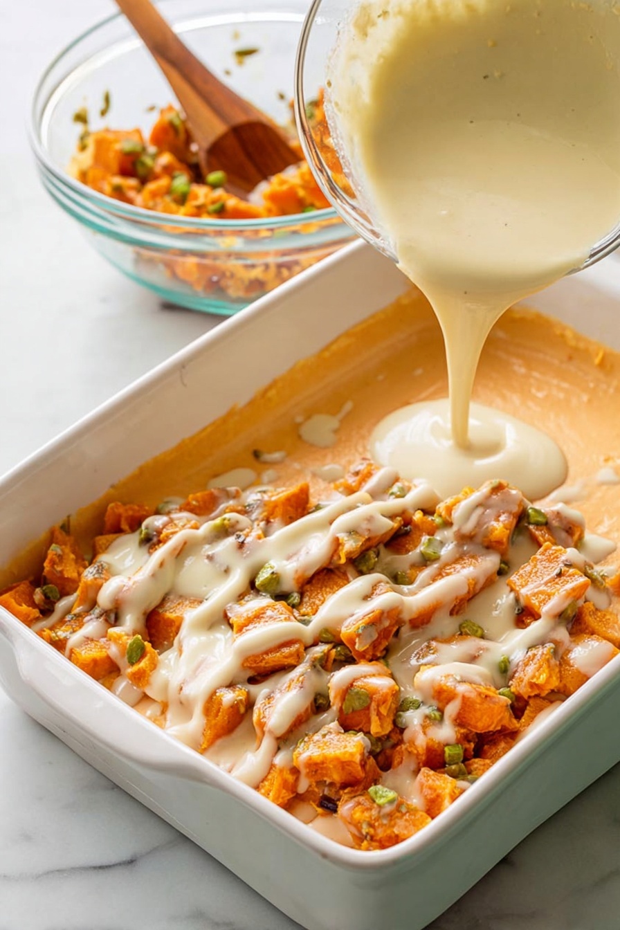 A square piece of cheesy casserole sits on a white plate with ridges. The dish shows three clear layers: at the bottom, a creamy orange layer with bits of rice; in the middle, a thicker white layer; and on top, a golden brown melted cheese layer with melted spots and some green chopped scallions scattered on it. A fork with a bit of casserole is resting on the plate near the piece. The plate is placed on a white marbled surface. Photo taken with an iphone --ar 2:3 --v 7