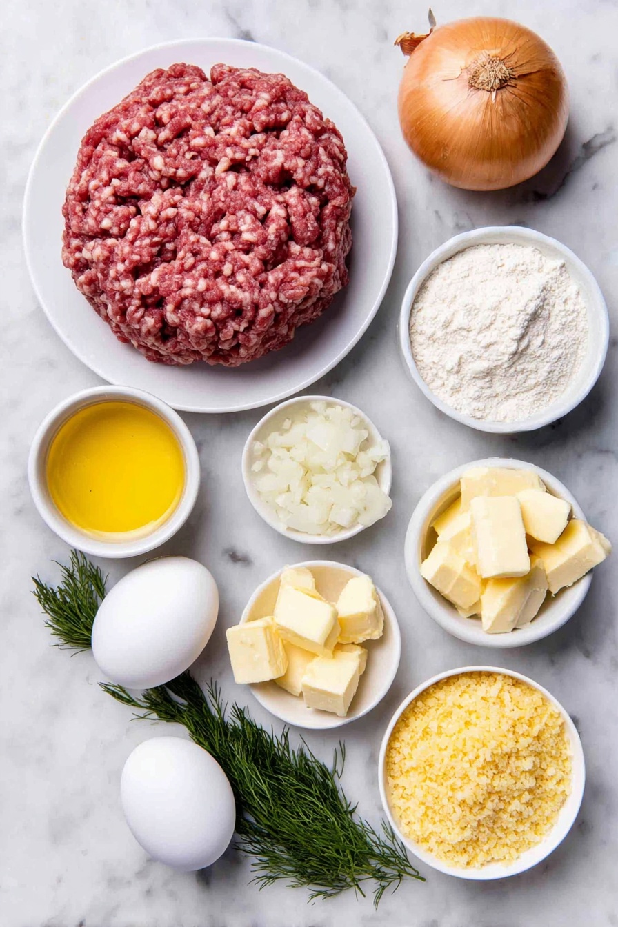 Flat lay of fresh ground beef shaped into a small mound, a small white ceramic bowl of golden breadcrumbs, a large finely diced onion with white and purple layers visible, a small white ceramic bowl with rich heavy cream, a single large uncracked brown egg with a clean shell, a small white ceramic bowl of unsalted butter cubes, a clove of garlic with papery skin intact, a small white ceramic bowl of fine all-purpose flour, a small white ceramic bowl filled with clear low-sodium chicken stock, and a few sprigs of vibrant fresh dill, all arranged symmetrically on a clean white marble surface, soft natural light, photo taken with an iPhone, professional food photography style, fresh ingredients, white ceramic bowls, no bottles, no duplicates, no utensils, no packaging --ar 2:3 --v 7 --p m7354615311229779997