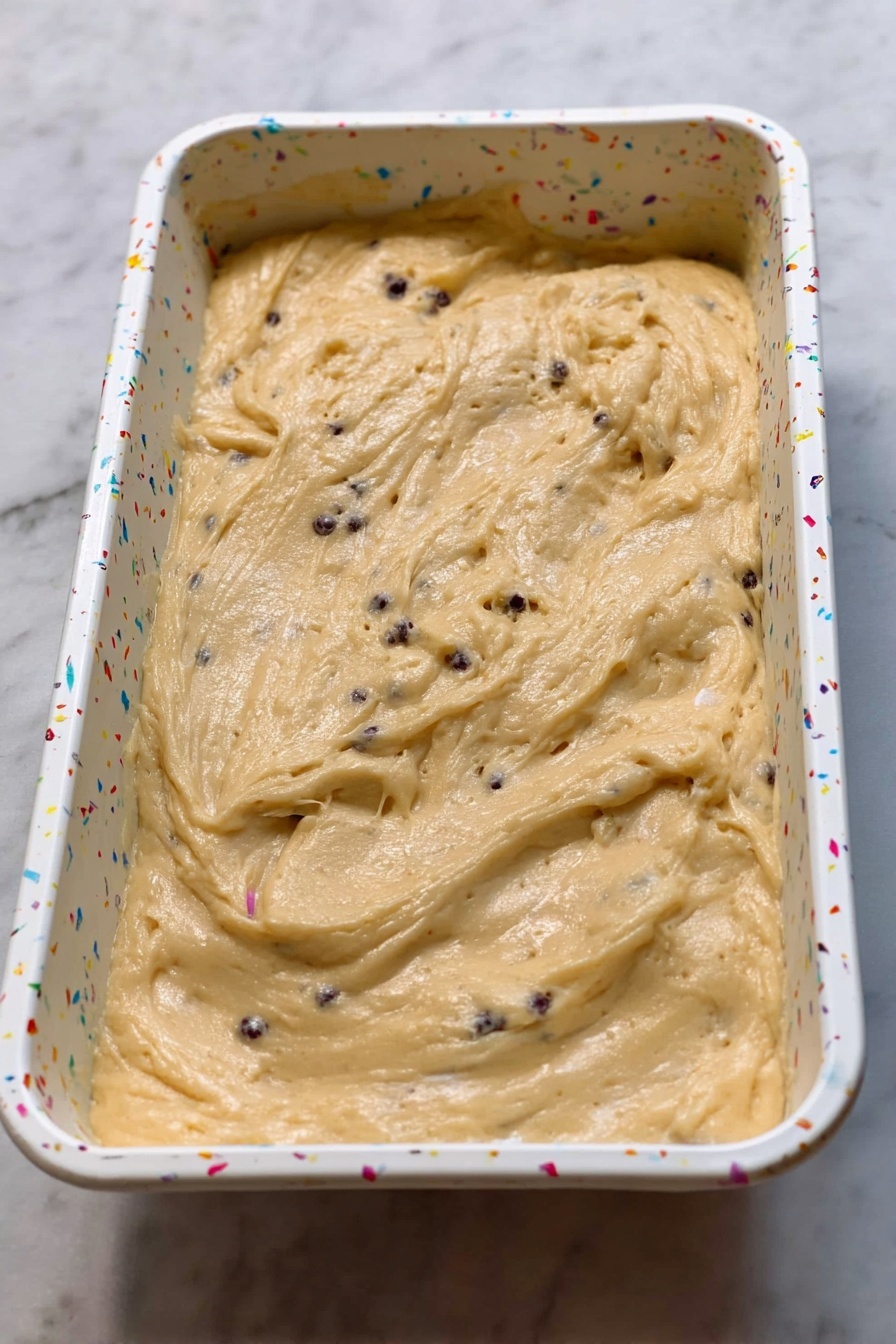The image shows a loaf of banana bread placed on a metal tray, with a smooth layer of orange frosting spread on top. On the frosting, small chocolate chips and bits of what looks like candied fruit are scattered evenly. A thick slice of the banana bread is on a white plate in the front, showing a soft inside filled with dark chocolate chips. The slice has the same orange frosting on the top layer, with some chocolate chips peeking out at the edges. A silver fork rests beside the slice on the plate. Around the tray and plate are a peeled yellow banana, a small white bowl with more chocolate chips, and another white bowl partially visible with more candied fruit pieces. Everything is on a white marbled surface with a blue-striped white cloth beneath the tray and plates. photo taken with an iphone --ar 2:3 --v 7