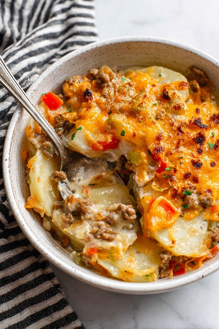In a close-up view, a frying pan contains a base layer of cooked minced meat that is brown and crumbly, spread evenly across the pan. On top of the meat, there are three piles of diced vegetables: white onions on the right, bright red bell peppers in the center, and green bell peppers on the left. The onions are finely chopped and have a slightly translucent look, while the red and green peppers are fresh and vibrant with a crisp texture. The pan edges are visible, and there is some cooking moisture gathered in the center. The scene has a white marbled surface underneath, photo taken with an iphone --ar 2:3 --v 7