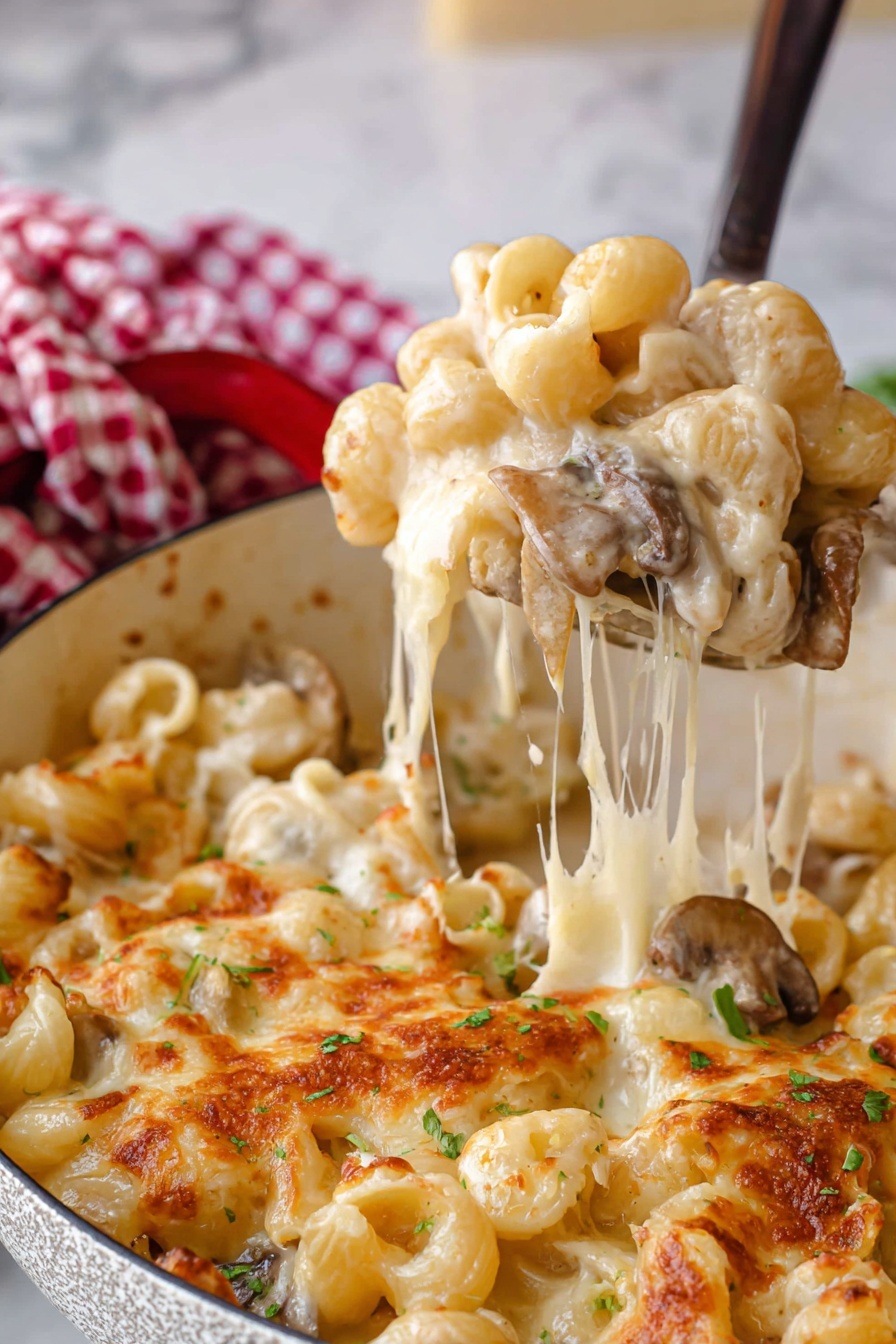 The image shows a close-up of a spoon lifting a portion of macaroni pasta covered in creamy, melted cheese with light brown browned spots on top. The pasta is light yellow with a smooth texture, and the cheese is gooey and stringy, stretching from the spoon to the pan. Small pieces of browned mushrooms are mixed in with the pasta, and tiny green herb bits are sprinkled over the dish. The pan holding the macaroni is black, with a textured look, sitting on a white marbled surface. In the background, there is a blurred checkered red and white cloth and some green vegetables. photo taken with an iphone --ar 2:3 --v 7