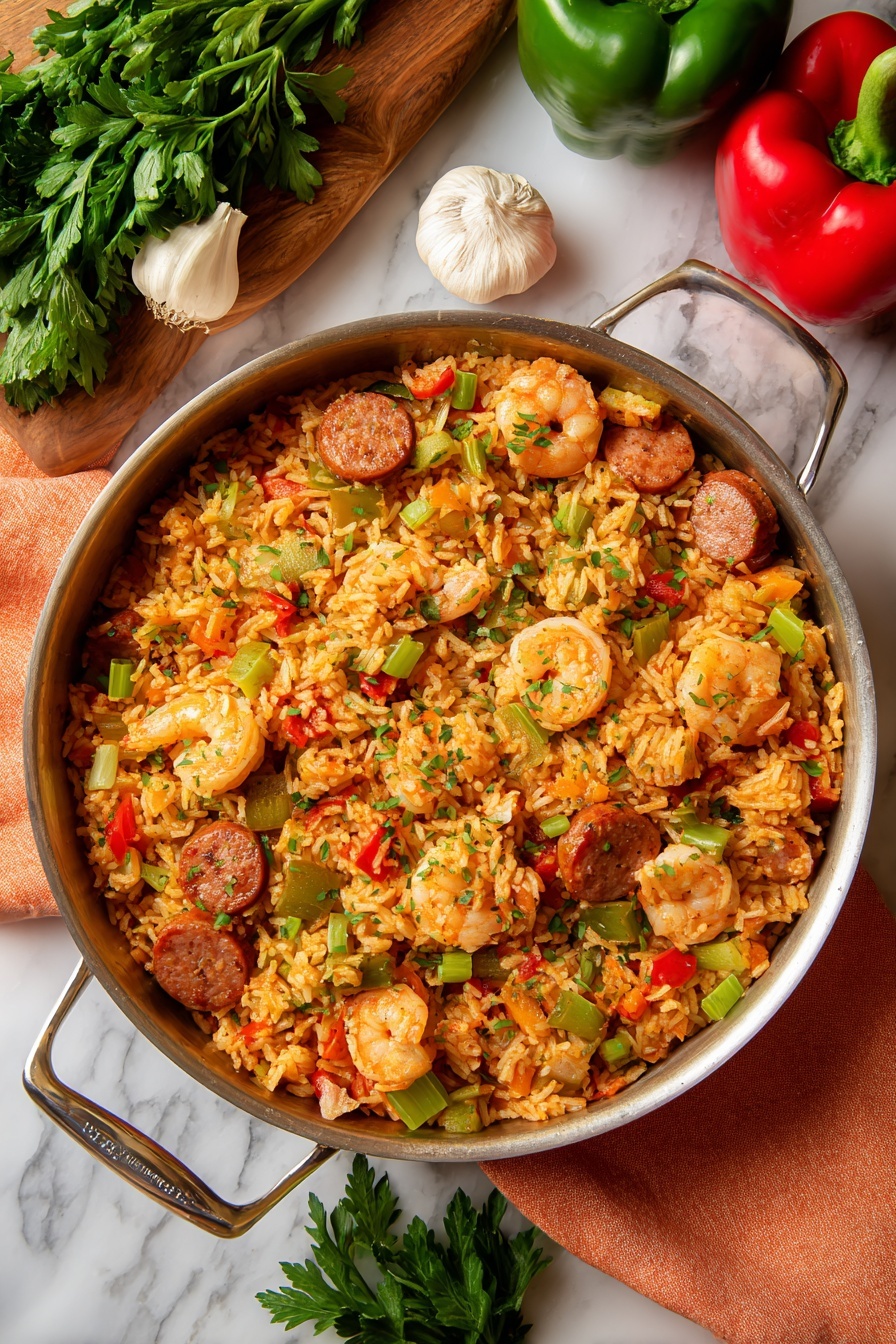 A large round white pan filled with a colorful mix of rice, shrimp, sliced sausage, and diced vegetables like green and red bell peppers, celery, and onions, all cooked together with a reddish seasoning giving the dish an orange tint. The ingredients are mixed evenly with visible chunks of shrimp and sausage spread throughout. The pan rests on a light blue cloth on a white marbled surface. To the side, a white plate with two gold forks, a wooden board with fresh parsley, green and red bell peppers, garlic cloves, and a gold spoon on a copper dish are visible. Photo taken with an iphone --ar 2:3 --v 7