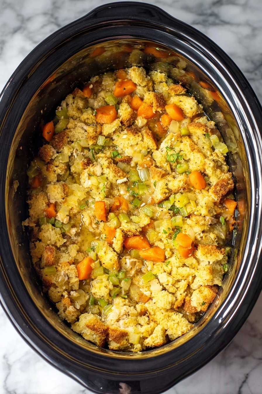 The image shows a slow cooker filled with a single-layer dish that has a soft, crumbly texture. The main part consists of light yellow and golden bread pieces mixed with small, bright orange carrot slices and bits of green celery scattered throughout. There are also some tiny bits of white onion and darker brown elements, adding contrast. The mixture looks moist and cooked evenly inside the shiny metal slow cooker, which is set on a white marbled surface. Photo taken with an iphone --ar 2:3 --v 7