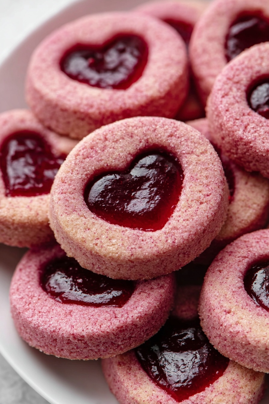 A close-up of many small round pink cookies stacked closely together, each cookie has two layers: the bottom layer is a slightly lighter pink with a smooth, soft texture, while the top layer is a deeper pink, slightly crumbly, with a heart-shaped cutout filled with shiny, deep red jelly that looks thick and smooth. The cookies sit on a white plate over a wood texture surface. photo taken with an iphone --ar 2:3 --v 7