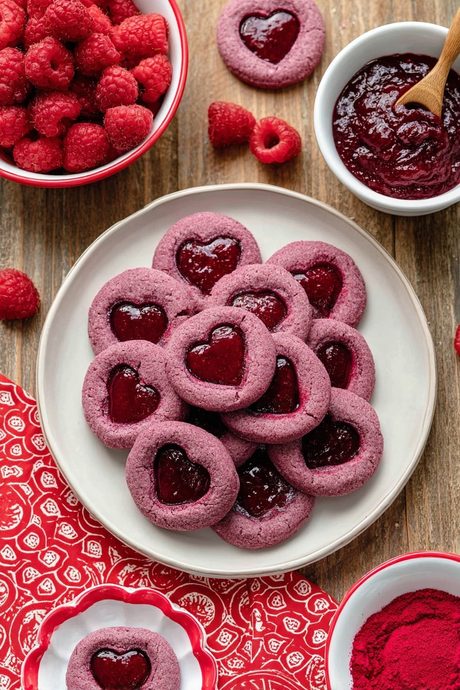 A large white bowl filled with a thick, coarse pink mixture being stirred by a black electric hand mixer with two metal beaters covered in the same pink mixture. Around the bowl, on a wooden surface, there are three small white bowls: one with bright red powder, another with dark red raspberry jam showing chunks and seeds, and a scalloped white bowl filled with whole fresh raspberries. One loose raspberry is resting near the top right side of the image. The scene is set on a white marbled texture background. photo taken with an iphone --ar 2:3 --v 7