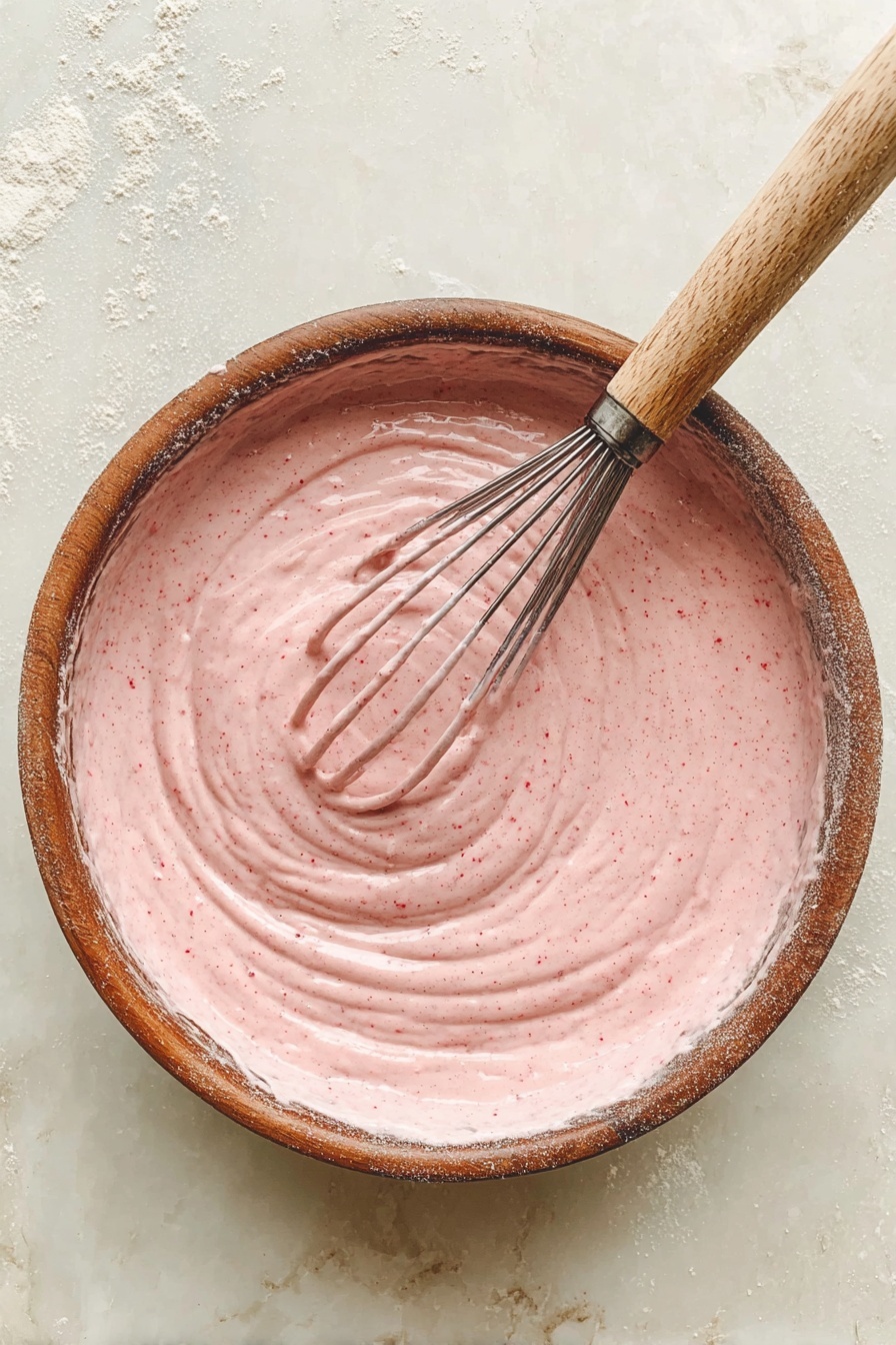 A slice of light pink cake sits on a white scalloped plate, topped with a creamy layer of pale pink frosting and decorated with fresh, red strawberry slices. The cake has one visible layer of soft, moist texture. There are crumbs scattered near the slice, and a gold fork is placed under the cake, lifting it slightly. In the background, there is another larger piece of the same cake on a white scalloped plate, also topped with pink frosting and whole strawberries. Bright red strawberries and dried strawberry pieces are scattered on a white marbled surface around the plates. Photo taken with an iphone --ar 2:3 --v 7