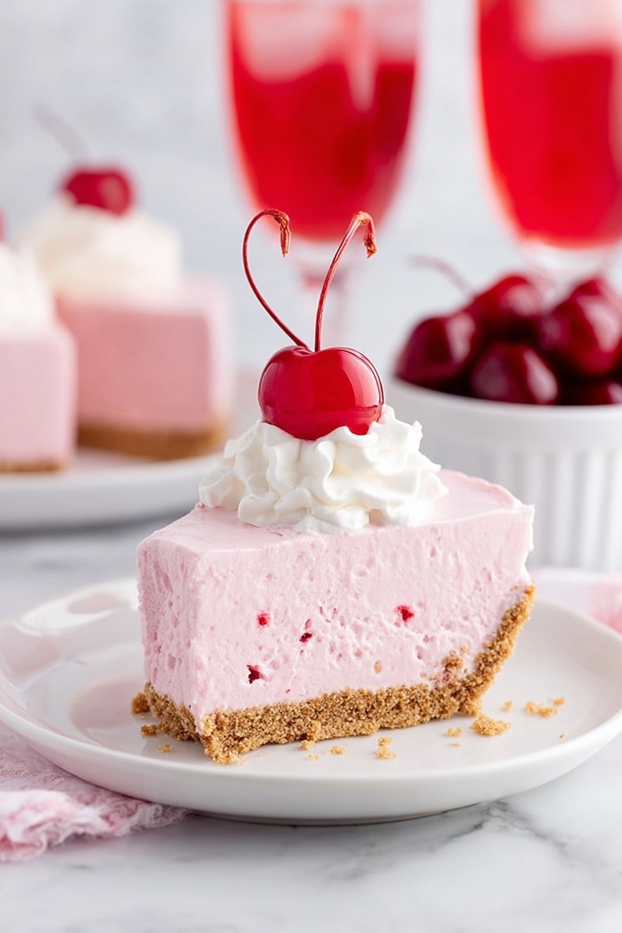 The image shows four steps of making a pink pie on a white marbled surface. In the first step on the top left, a glass bowl holds smooth, thick, bright pink whipped filling with a black hand mixer blending it, a pink Kool-Aid packet lies beside it. The second step on the top right shows the filling turned into a lighter, fluffier pink mix being whipped with the same black hand mixer in the glass bowl, with a few small white bowls and a pie crust close by. In the third step at the bottom left, the light pink filling is spread evenly as a thick layer inside a golden brown graham cracker crust in a round silver foil pie pan. The fourth step on the bottom right features the pie with the pink filling topped with eight small dollops of white whipped cream arranged in a circle on top. A small white bowl filled with bright red cherries and a white plate with silver forks are near the pie, alongside two pink Kool-Aid packets. Photo taken with an iphone --ar 2:3 --v 7