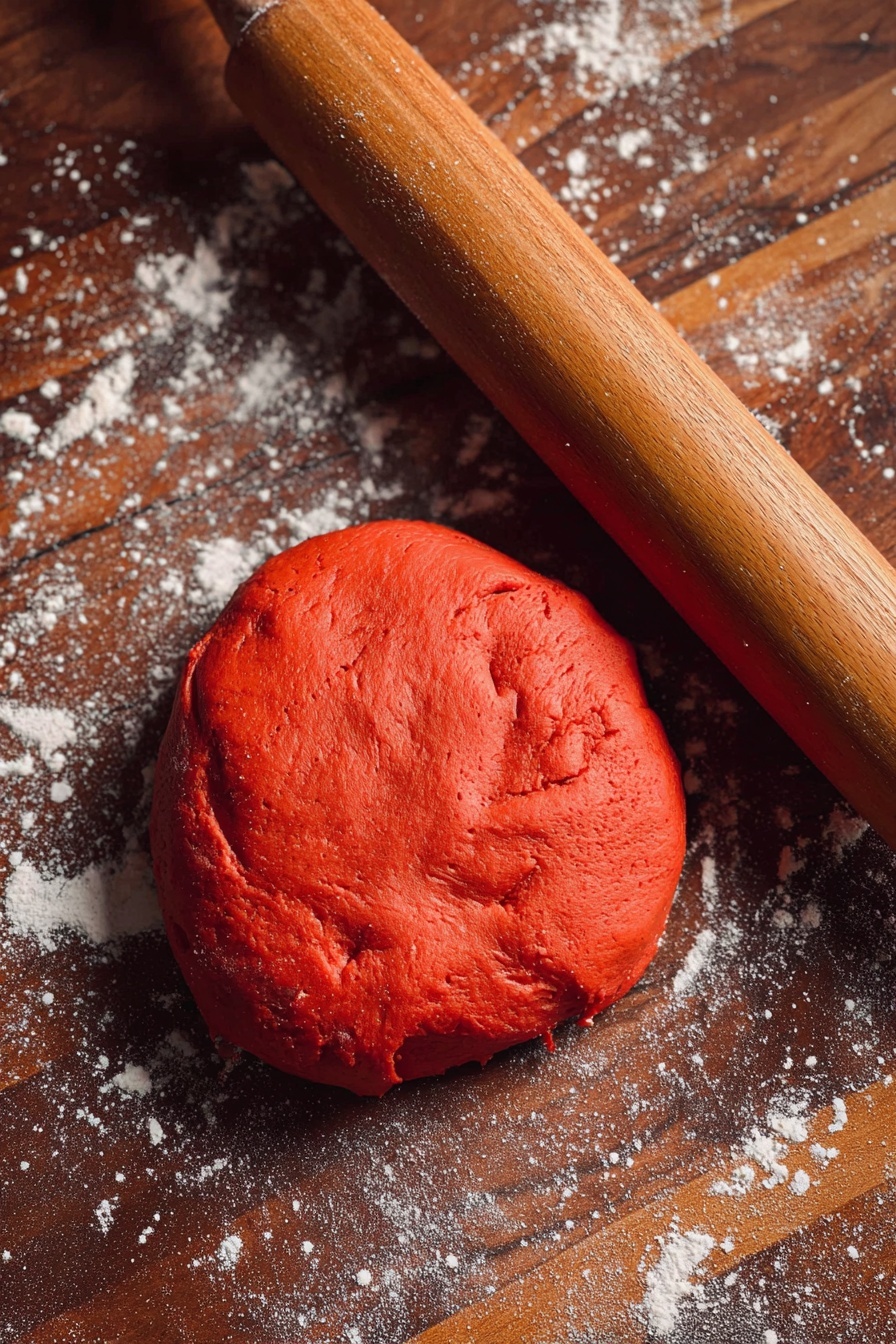 A single red velvet cinnamon roll sits on a white plate with a creamy white icing spread over the top, adorned with small red and pink heart-shaped and rod sprinkles. The roll has visible red layers spiraled tightly, with the icing slightly melted and dripping along the sides. The surface beneath the plate is a white marbled texture, and there is a soft pinkish hue in the blurred background with scattered sprinkles adding a festive touch. Photo taken with an iphone --ar 2:3 --v 7