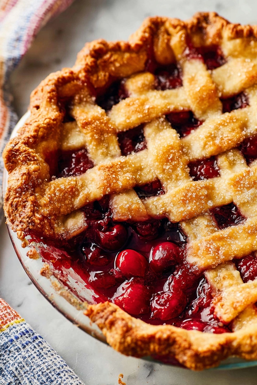 A white glass pie dish holds a cherry pie with a golden brown lattice crust on top. The crust has a rough, sugary texture with visible sugar crystals shining on it. The crust edges are thick and crimped, forming a decorative border around the deep red cherry filling. The cherry filling beneath the lattice is glossy and juicy, with some whole cherries showing, some burst open, and red syrup pooling slightly on the side of the missing slice. The pie sits on a white marbled surface with a woven, multicolored cloth behind it. Photo taken with an iphone --ar 2:3 --v 7