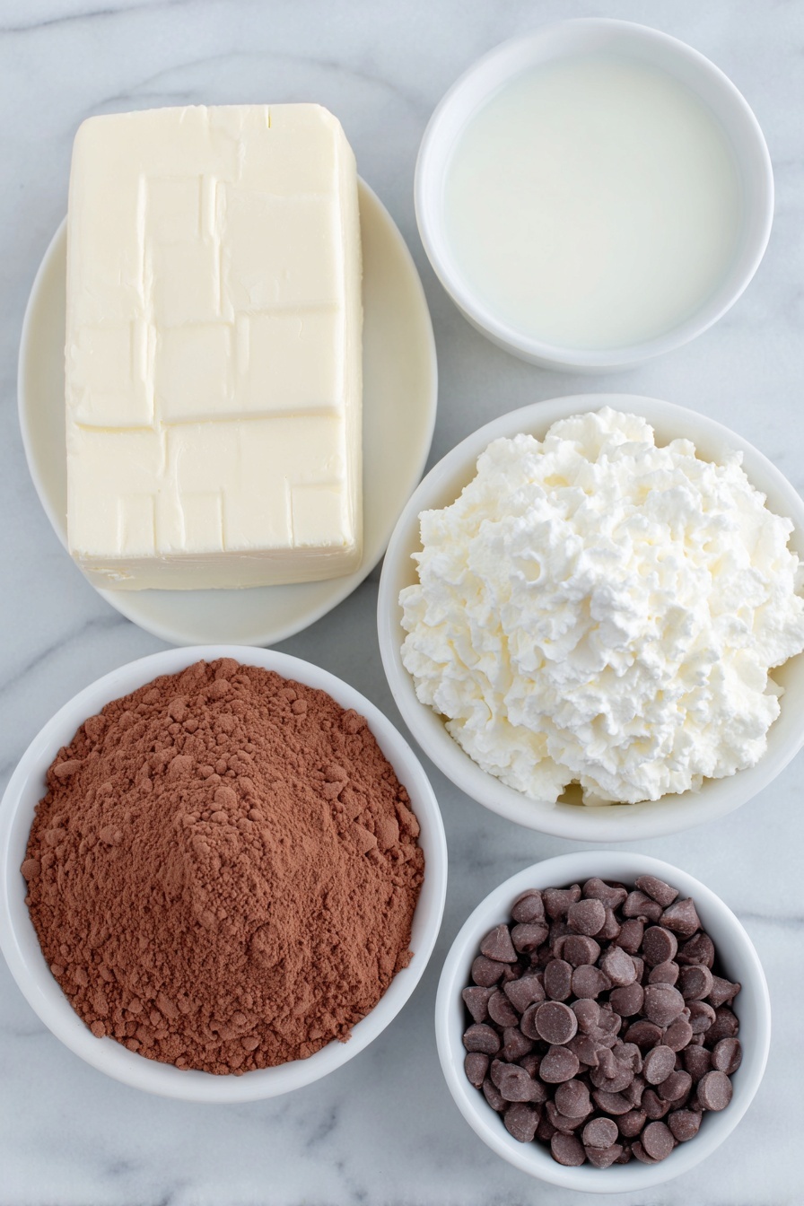 Flat lay of a block of smooth cream cheese, a small mound of fluffy whipped cream, a simple white ceramic bowl filled with dry chocolate brownie mix powder, a small white bowl containing whole milk, and a small white bowl with glossy mini chocolate chips, all arranged symmetrically on a clean white marble surface, soft natural light, photo taken with an iPhone, professional food photography style, fresh ingredients, white ceramic bowls, no bottles, no duplicates, no utensils, no packaging --ar 2:3 --v 7 --p m7354615311229779997