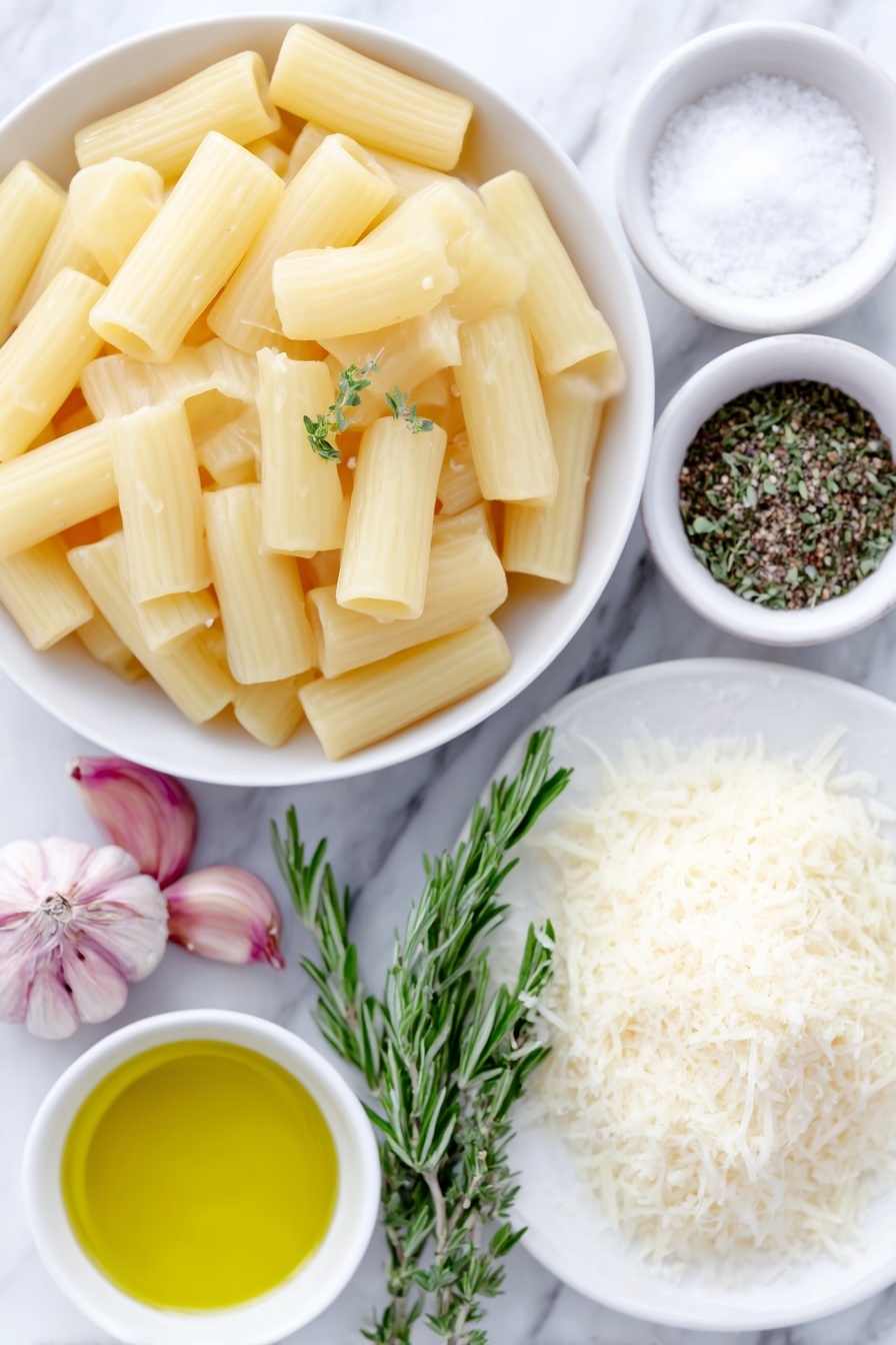 Flat lay of cooked rigatoni pasta noodles glistening with olive oil, a few sprigs of fresh garlic cloves minced beside a small white bowl of golden olive oil, a small white bowl filled with coarse kosher salt, another small white bowl with freshly ground black pepper, a neat pile of finely grated parmesan cheese on a simple white ceramic plate, all arranged symmetrically and balanced, placed on a clean white marble surface, soft natural light, photo taken with an iPhone, professional food photography style, fresh ingredients, white ceramic bowls, no bottles, no duplicates, no utensils, no packaging --ar 2:3 --v 7 --p m7354615311229779997