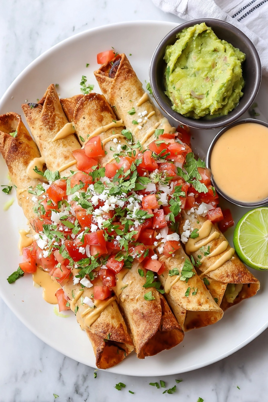 A white plate holds six rolled tacos with a golden-brown, crispy texture. They are topped with chopped red tomatoes, finely chopped green cilantro, white crumbled cheese, light green guacamole, and a creamy light orange sauce drizzled over them. The plate also has two small dark bowls, one filled with chunky green guacamole and the other with smooth light orange sauce, along with a bright green lime half. The plate is set on a white marbled surface. photo taken with an iphone --ar 2:3 --v 7