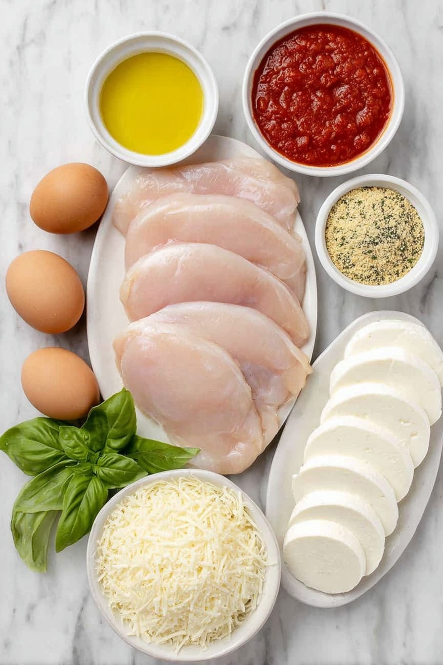 Flat lay of six raw chicken cutlets with smooth pale pink flesh, a small mound of fine all-purpose flour on a white ceramic plate, three whole brown eggs with clean uncracked shells arranged neatly, a small white bowl filled with golden olive oil, a shallow white dish containing coarse golden breadcrumbs mixed with green dried Italian herbs and specks of grated pale yellow parmesan cheese, a small white bowl with bright red marinara sauce smooth and glossy, six slices of fresh white mozzarella cheese stacked slightly overlapping on a simple white plate, a small white bowl holding finely shredded pale yellow parmesan cheese, and a small bunch of fresh vibrant green basil leaves, all arranged with perfect symmetry and balanced proportions, placed on a clean white marble surface, soft natural light, photo taken with an iPhone, professional food photography style, fresh ingredients, white ceramic bowls, no bottles, no duplicates, no utensils, no packaging --ar 2:3 --v 7 --p m7354615311229779997