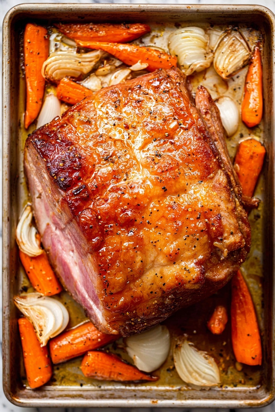 A large, golden-brown glazed ham sits in the center of a metal baking tray with a shiny, slightly crispy outer layer showing a mix of warm amber and pinkish hues. Around the ham, there are thick carrot pieces with a bright orange color and soft white onion segments that have a slightly caramelized look, both spread unevenly but closely surrounding the meat. The tray has visible roasted juices and pepper specks glistening, giving a rich and savory appearance. The background is a white marbled texture. photo taken with an iphone --ar 2:3 --v 7