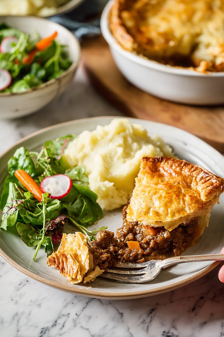The image shows four white cooking pots each capturing a different step in making a stew. The first pot contains raw, chunky red meat with a slight shimmer of oil on the bottom. The second pot shows a mix of diced light orange carrots and white onions softening in the pot with some bits sticking to the sides. The third pot captures browned pieces of meat with some softened vegetables and a light stream of pale beer being poured in. The fourth pot shows a simmering stew with chunks of meat, carrots, and onions floating in a light brown broth, with several pale green bay leaves resting on top. The pots sit on a white marbled surface. Photo taken with an iphone --ar 2:3 --v 7