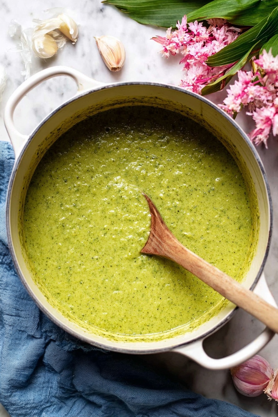 The image shows a large pot filled with thick, creamy green soup with a slightly chunky texture, stirred by a wooden spoon resting inside the pot. The soup has varying shades of light to medium green, indicating herbs or vegetables blended in. The pot has white handles on both sides and sits on a white marbled surface. Around the pot, there are three garlic cloves, a bunch of green leaves partially visible in the top right corner, and pink flowers in the bottom left corner. A blue cloth is spread near the pot’s left side. Photo taken with an iphone --ar 2:3 --v 7