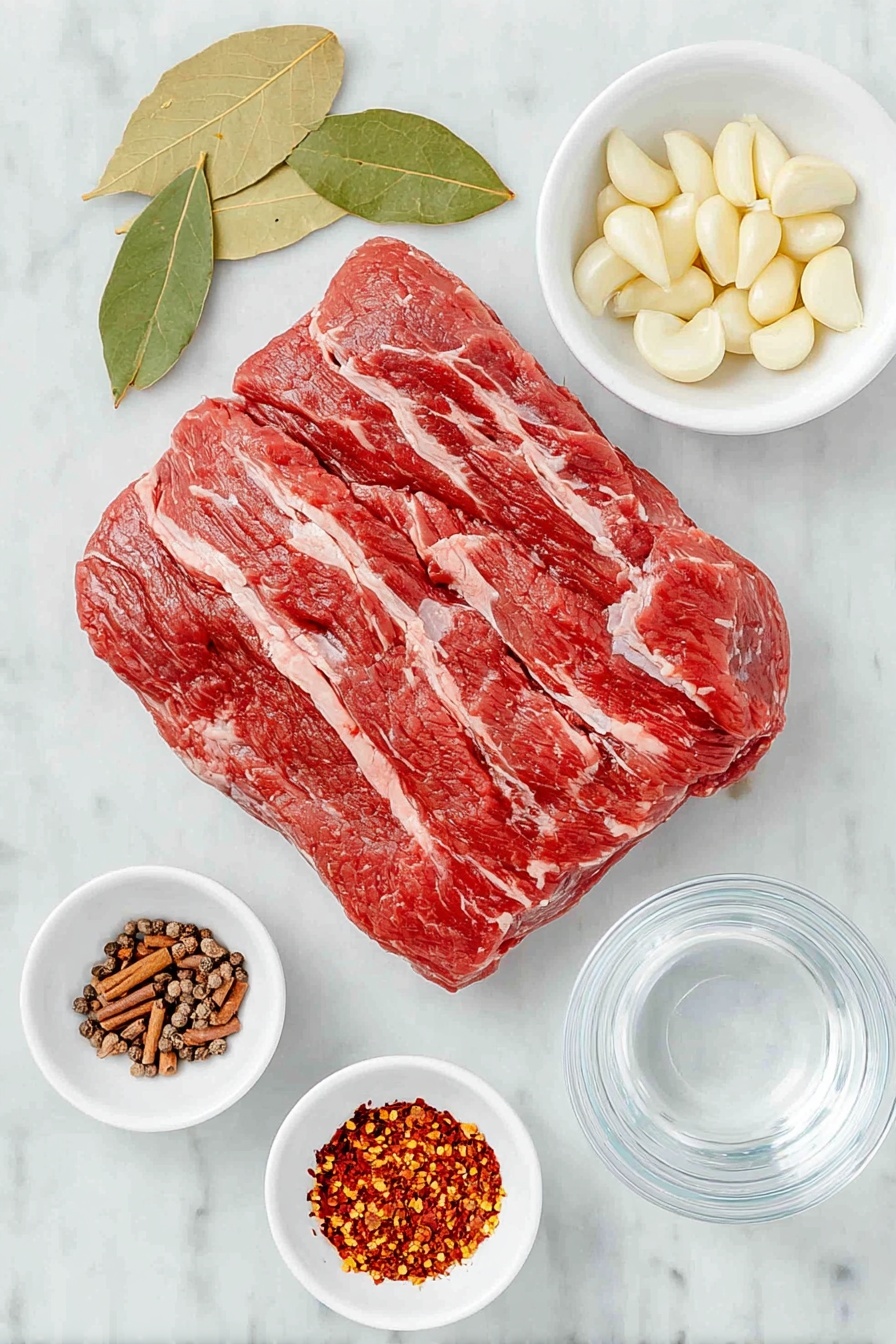 Flat lay of a large fresh corned beef brisket with visible fat cap, two glossy fresh bay leaves, a single cinnamon stick, six whole peeled garlic cloves, six whole brown cloves, a small white ceramic bowl of red pepper flakes, and a small white ceramic bowl of clear water, all arranged with perfect symmetry on a clean white marble surface, soft natural light, photo taken with an iPhone, professional food photography style, fresh ingredients, white ceramic bowls, no bottles, no duplicates, no utensils, no packaging --ar 2:3 --v 7 --p m7354615311229779997