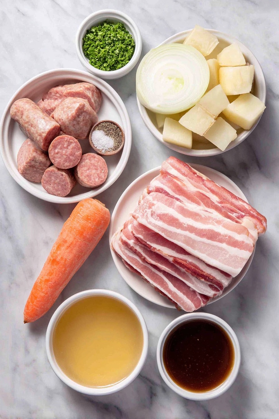 Flat lay of thick sliced pieces of fresh bacon, fresh pork sausages cut into 1-inch pieces, a large onion sliced into rings, cubed raw potatoes, a large peeled carrot cut into half moons, a small white bowl of salt, a small white bowl of black pepper, a small white bowl of golden chicken broth, a small white bowl of dark Irish stout, fresh chopped parsley sprinkled beside, all arranged in perfect symmetry on simple white ceramic bowls and plates, placed on a clean white marble surface, soft natural light, photo taken with an iPhone, professional food photography style, fresh ingredients, white ceramic bowls, no bottles, no duplicates, no utensils, no packaging --ar 2:3 --v 7 --p m7354615311229779997