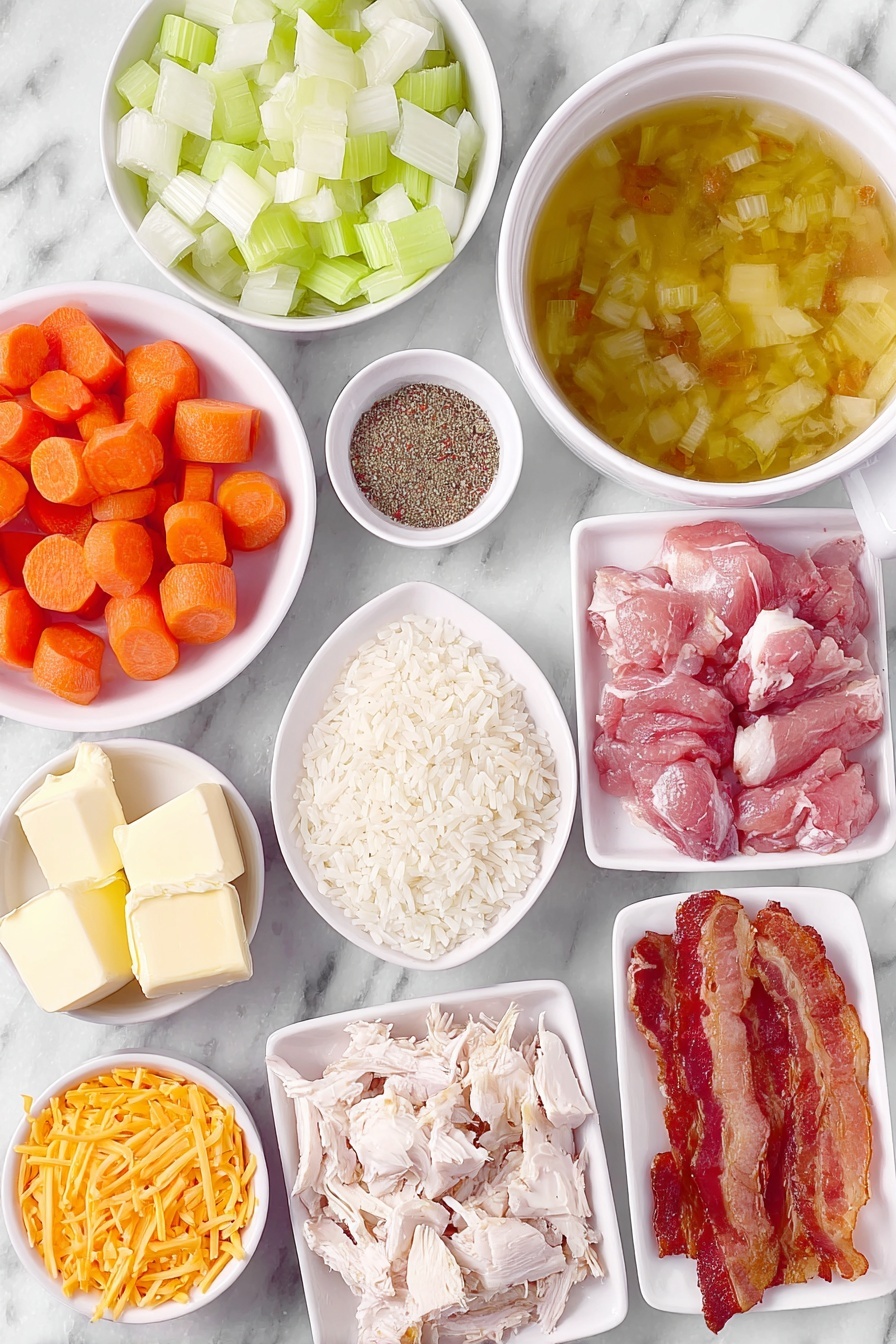Flat lay of two tablespoons of golden butter in a small white ceramic bowl, a medium yellow onion diced into roughly one-cup pieces on a simple white plate, two ribs of celery diced into one cup on another white plate, two large diced orange carrots arranged neatly on a third white plate, two cloves of fresh garlic minced with some whole cloves displayed nearby on a white plate, a small white bowl filled with clear golden chicken broth, a small white bowl containing dry ranch seasoning powder, a small white bowl holding coarse black pepper, uncooked long-grain white rice in a neat pile on a white plate, shredded cooked chicken piled loosely on a fourth white plate, cubed softened cream cheese arranged neatly on a white ceramic dish, shredded bright orange cheddar cheese heaped on a small white plate, and cooked crispy bacon strips placed in a tidy arrangement on another white plate, all placed on a clean white marble surface, soft natural light, photo taken with an iPhone, professional food photography style, fresh ingredients, white ceramic bowls, no bottles, no duplicates, no utensils, no packaging --ar 2:3 --v 7 --p m7354615311229779997