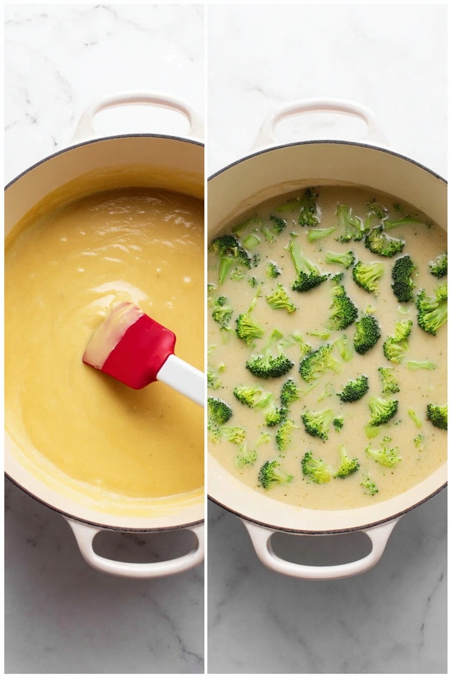 A white plate holds a dish with three main parts: a large piece of cooked chicken covered in a creamy yellow sauce with small green broccoli florets and bits of browned bacon scattered on top, a side of bright green broccoli pieces also topped with the same creamy sauce and bacon bits, and a yellow twice-baked potato half filled with a mixture of cheese and small broccoli pieces. The sauce looks smooth and glossy, spreading slightly around the chicken and broccoli. The plate sits on a white marbled surface. photo taken with an iphone --ar 2:3 --v 7