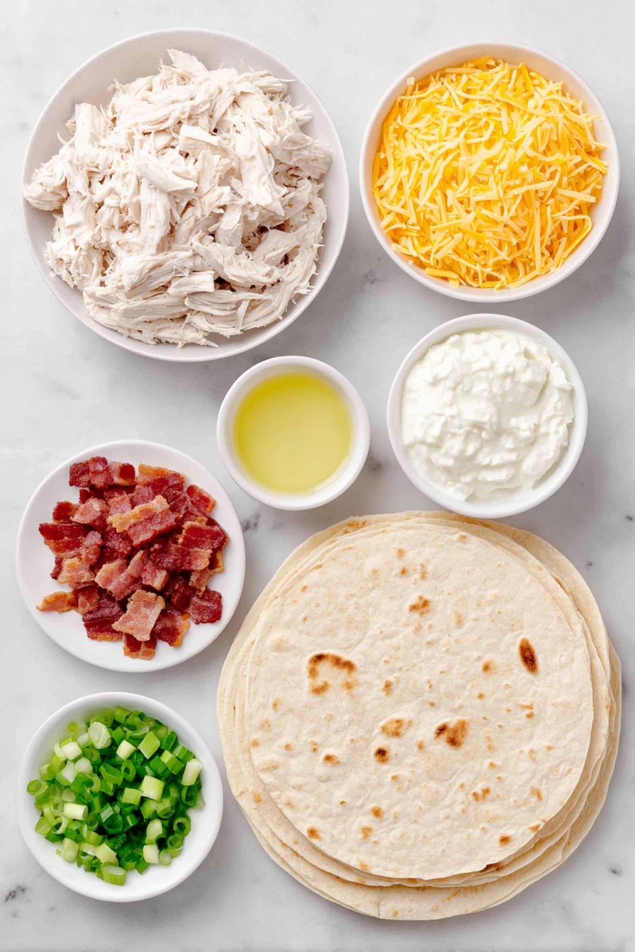 Flat lay of cooked shredded rotisserie chicken, softened cream cheese in a small mound, a small white bowl of sour cream, shredded sharp cheddar cheese piled loosely, cooked chopped crispy bacon pieces, thinly sliced fresh green onions arranged neatly, a small white bowl filled with ranch seasoning powder, a small white bowl of vegetable oil, and a stack of fresh corn tortillas slightly fanned out on a simple white ceramic plate, all placed on a clean white marble surface, soft natural light, photo taken with an iPhone, professional food photography style, fresh ingredients, white ceramic bowls, no bottles, no duplicates, no utensils, no packaging --ar 2:3 --v 7 --p m7354615311229779997