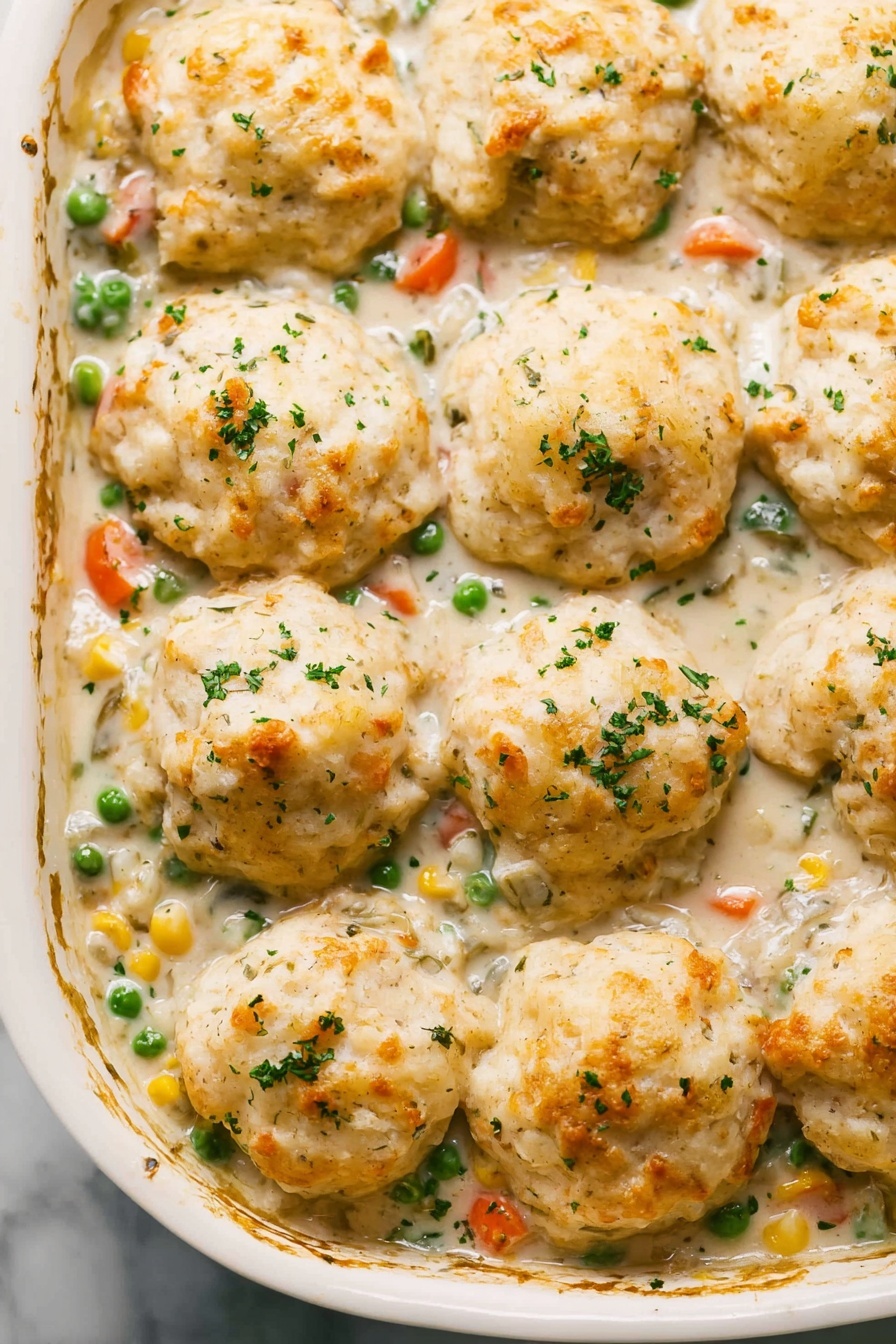 This image shows a white dish filled with a creamy stew base that includes green peas, small orange carrot cubes, and corn kernels. On top of the stew are twelve round biscuit-like dumplings arranged in a grid. Each dumpling is golden brown on top with a slightly rough texture and is sprinkled with small chopped green herbs. The creamy sauce looks thick and is partially covering the bottom of the dumplings. The dish is placed on a white marbled surface. photo taken with an iphone --ar 2:3 --v 7