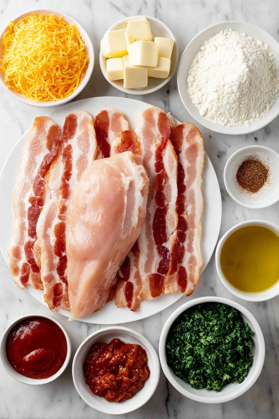 Flat lay of six thick-cut bacon strips, two large boneless skinless chicken breasts, a small mound of all-purpose flour on a white ceramic plate, a small white bowl of finely shredded Parmesan cheese, a small white bowl of finely shredded cheddar cheese, a small white bowl of golden olive oil, a small white bowl of butter cubes, a small white bowl of chicken broth, a small white bowl of milk, a small white bowl of Italian seasoning mix, a small white bowl of mixed powdered spices (onion powder, garlic powder, mustard powder), a small white bowl of bright red hot sauce, and a small white bowl with chopped fresh broccoli florets, placed on a clean white marble surface, soft natural light, photo taken with an iPhone, professional food photography style, fresh ingredients, white ceramic bowls, no bottles, no duplicates, no utensils, no packaging --ar 2:3 --v 7 --p m7354615311229779997